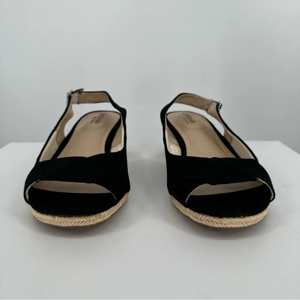 LifeStride Socialite Wedge Sandal in Black Canvas size 10W Ankle Strap Peep Toe